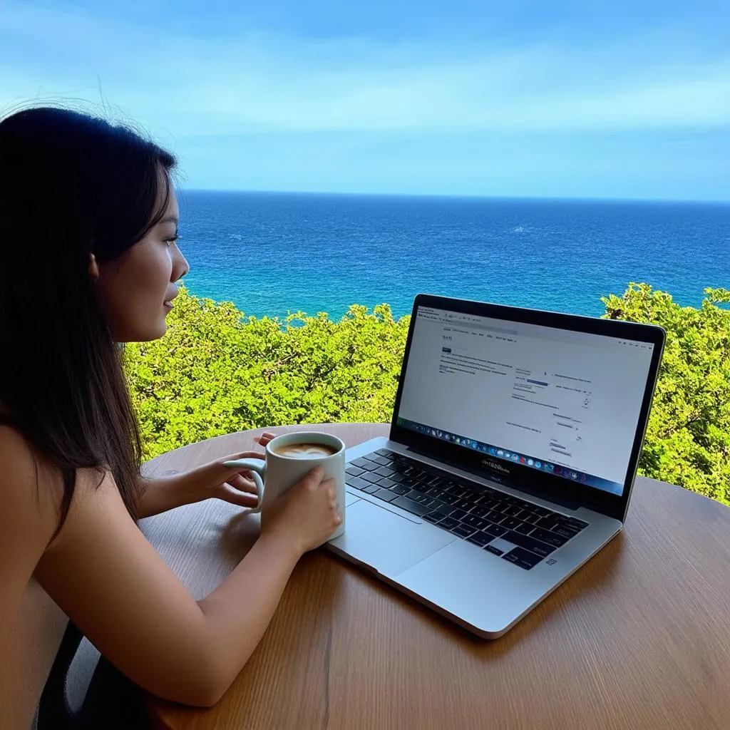 Young Woman Working Remotely with Ocean View