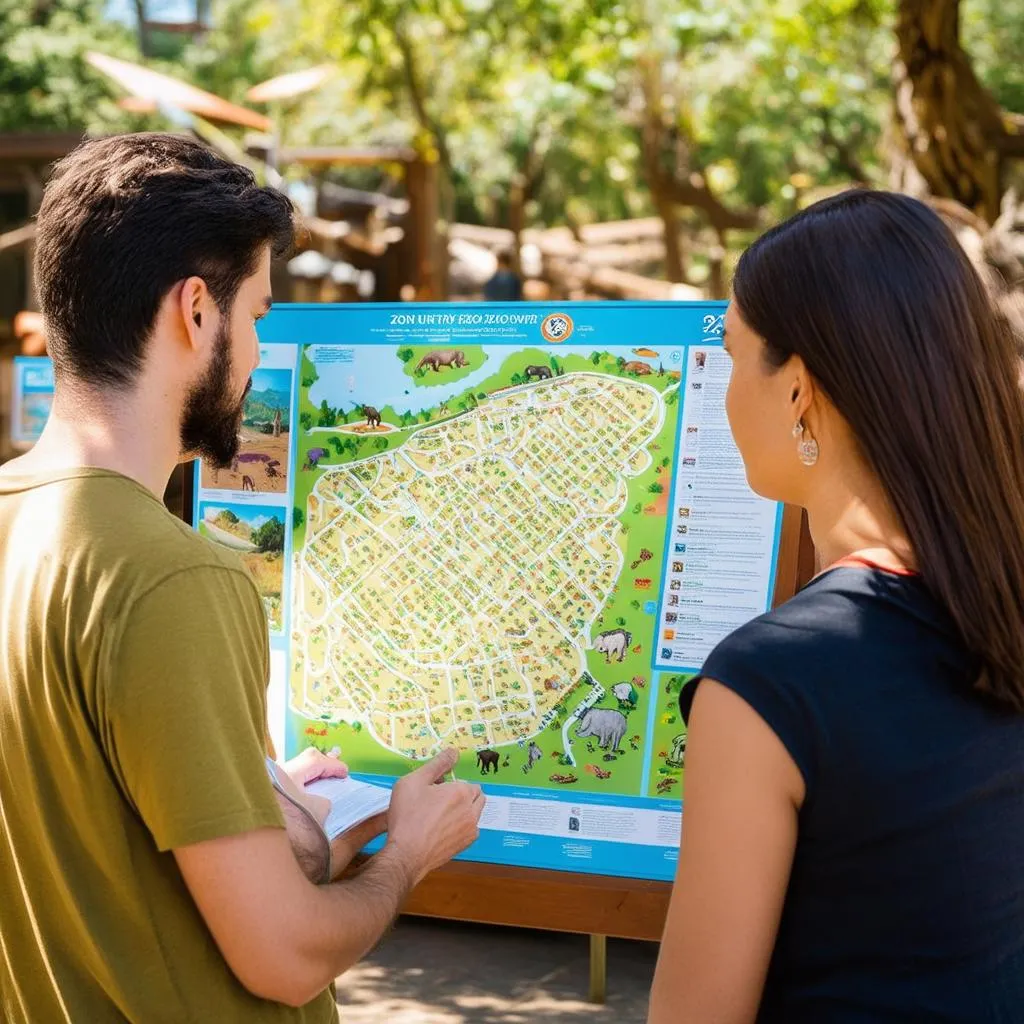 A couple studying a zoo map