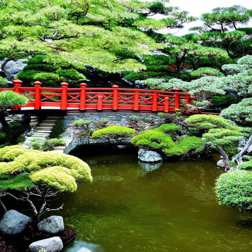 Japanese Garden with Pond and Bridge