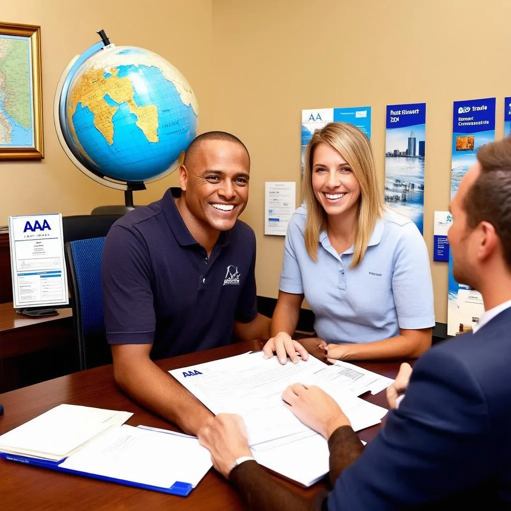 AAA travel agent assisting a couple with their travel plans