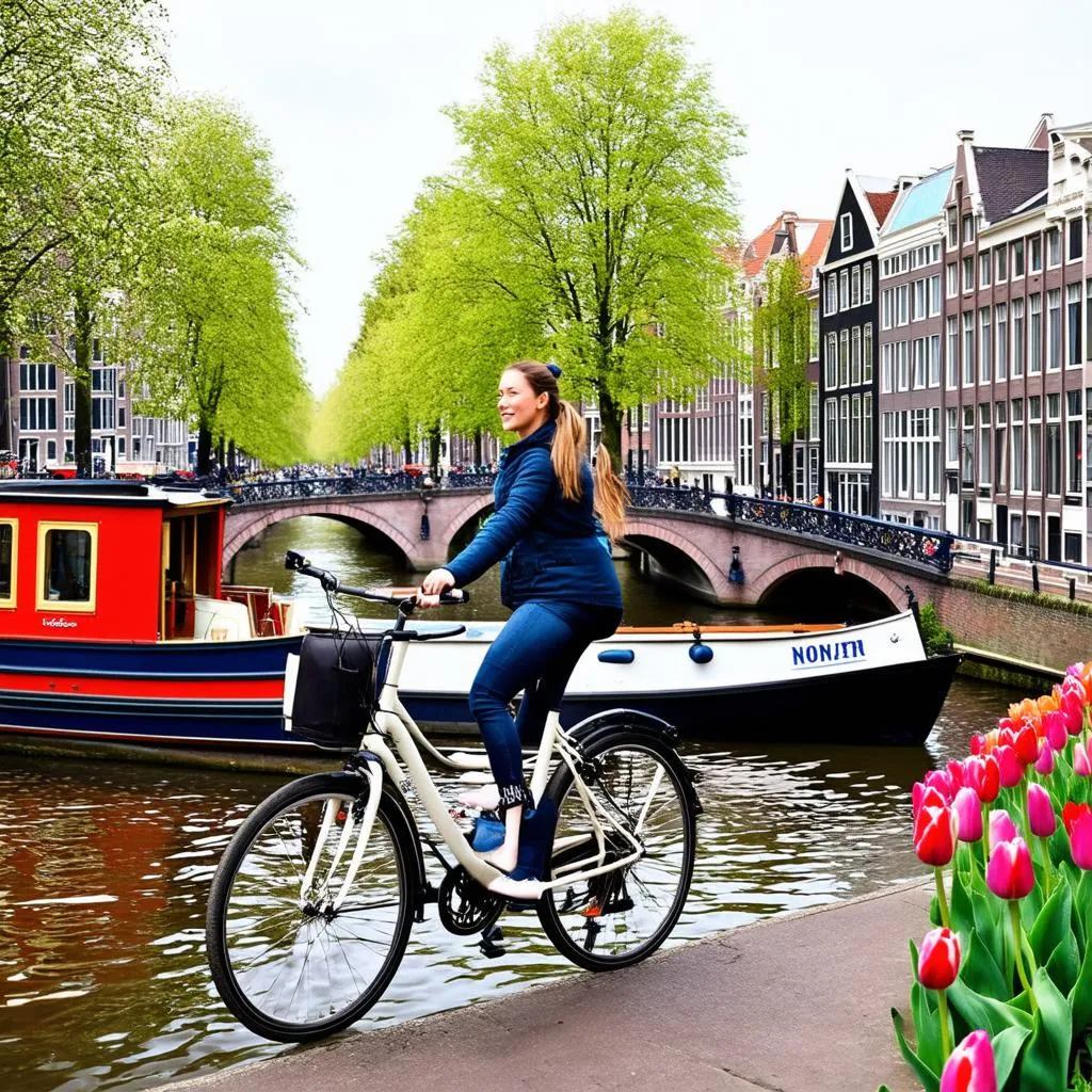 Cycling along canals in Amsterdam