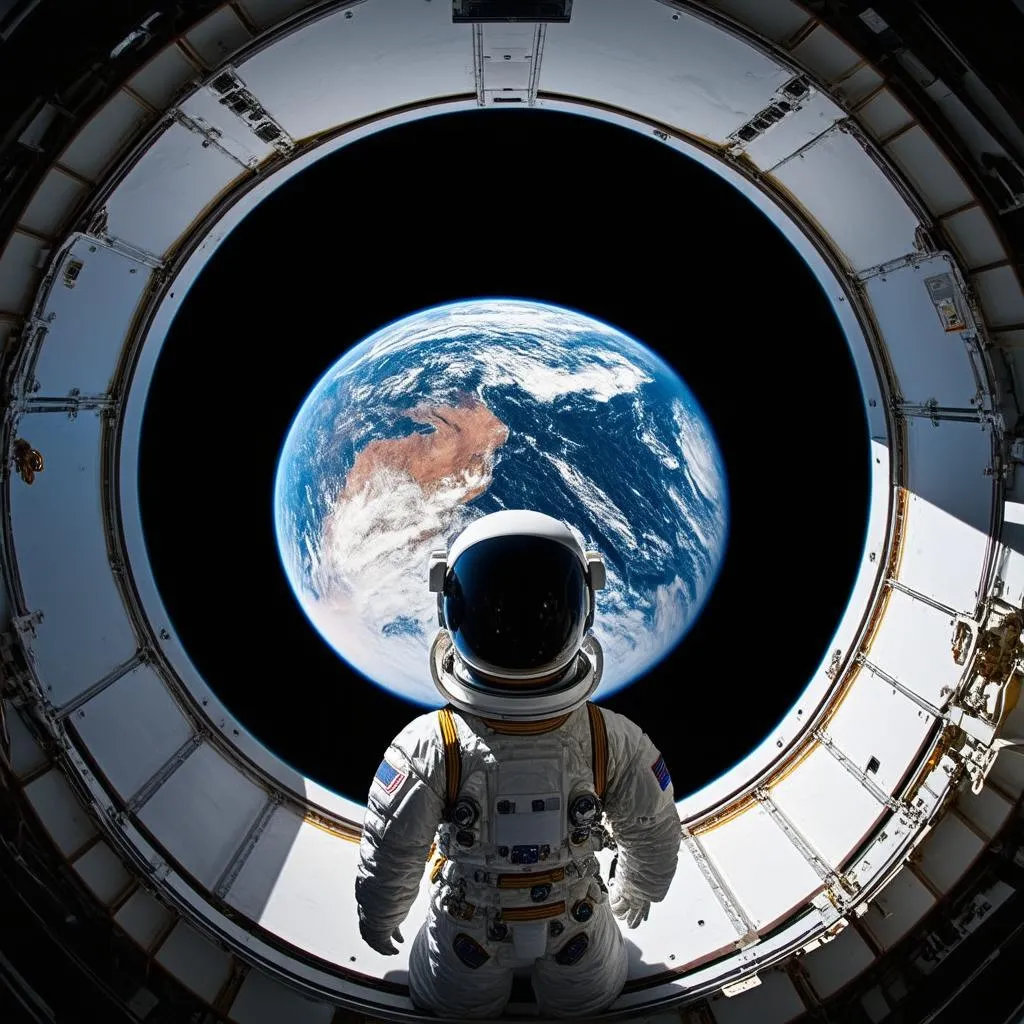 Astronaut Looking at Earth from Space Station