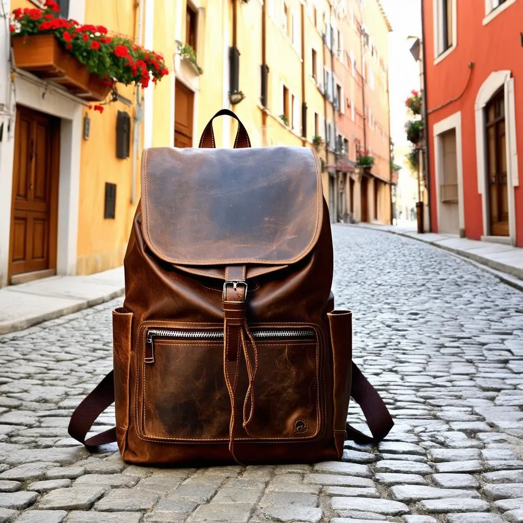 Backpack on a charming cobblestone street in Europe