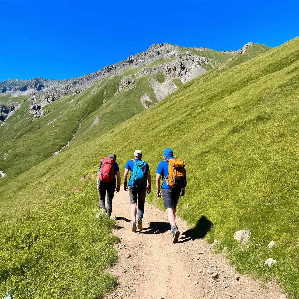 Two people with backpacks hiking in the mountains