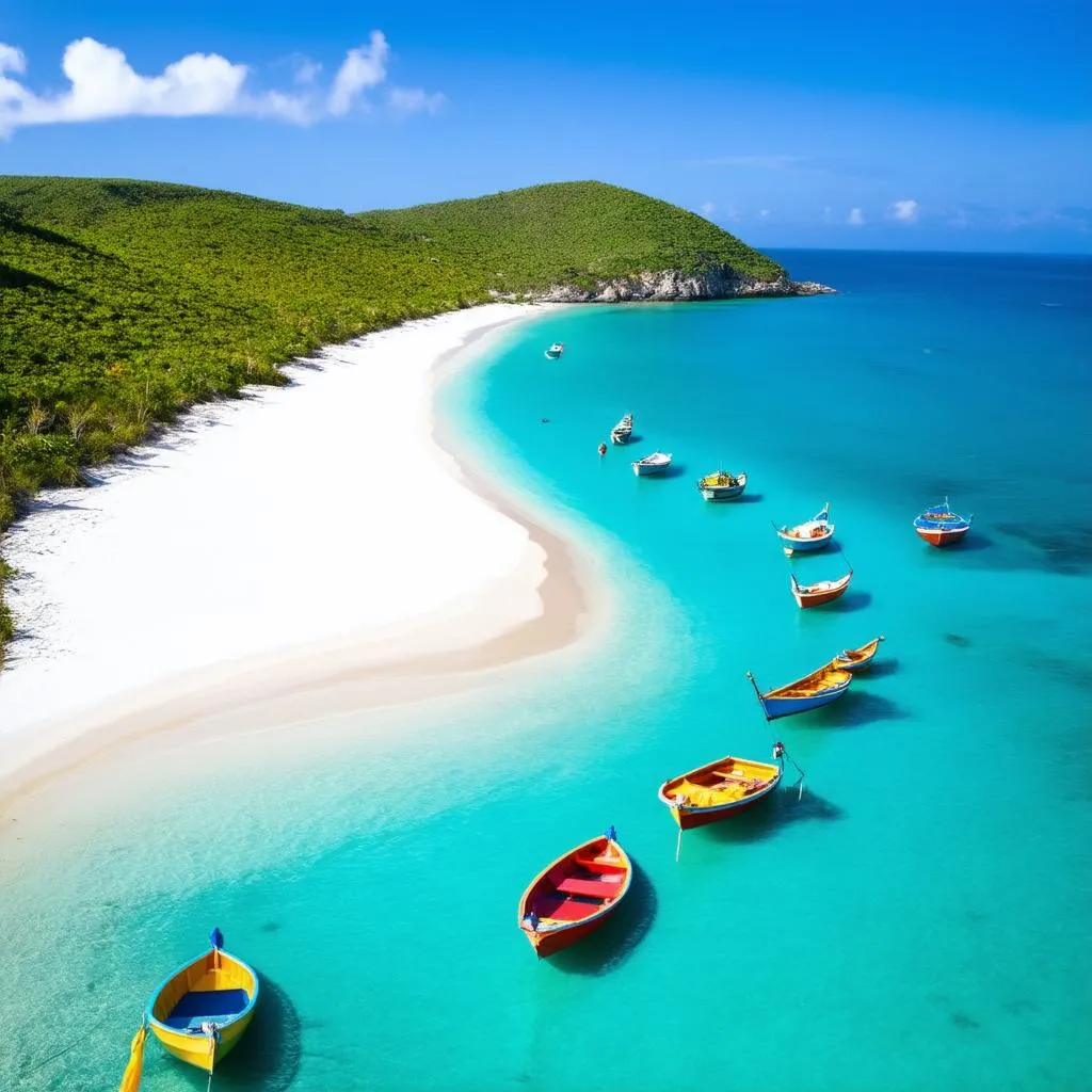 Secluded beach with turquoise water and fishing boats