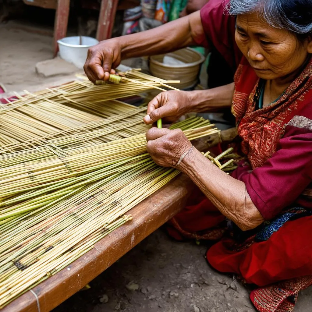 Local artisan weaving bamboo in Vietnam