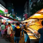 Busy street food market at night