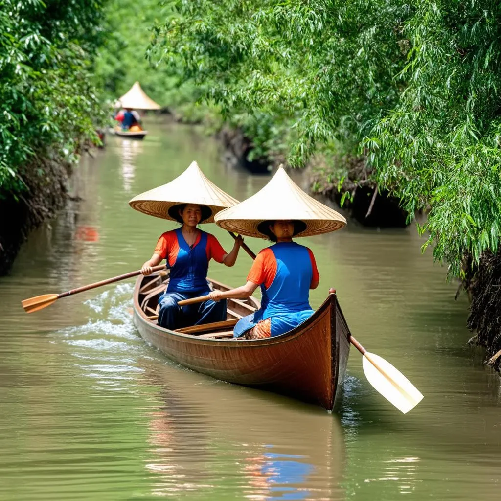 Vietnamese villagers on a sampan