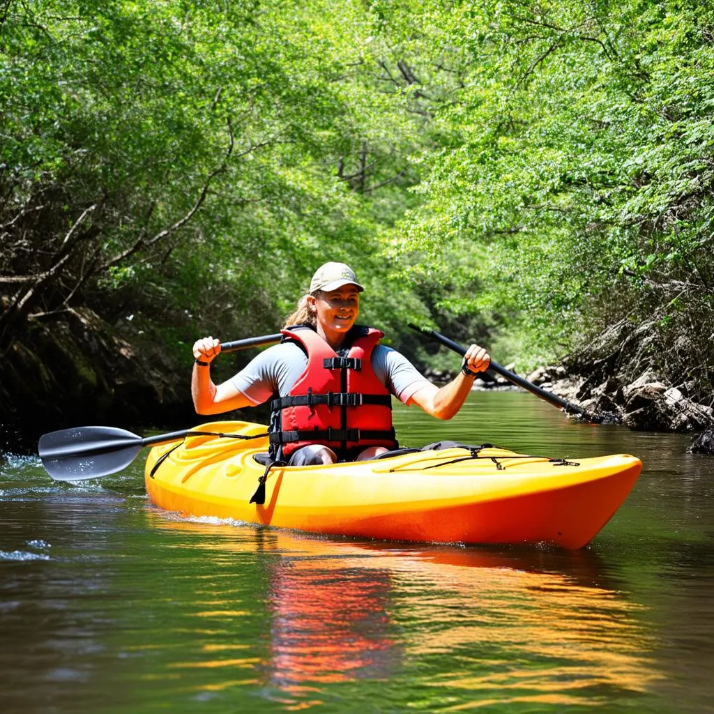 A kayaker paddles down a river.