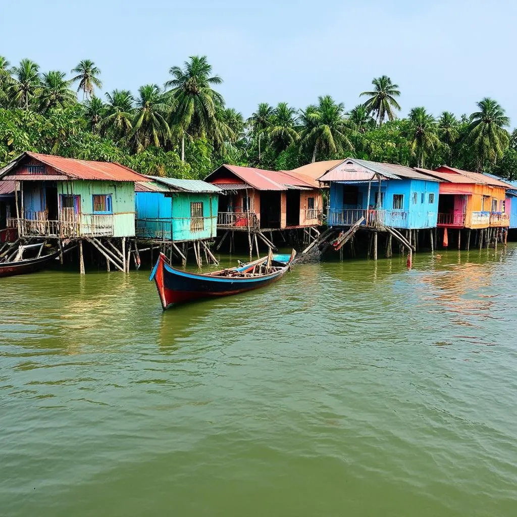 A floating village with colorful houses on the water and blue sky