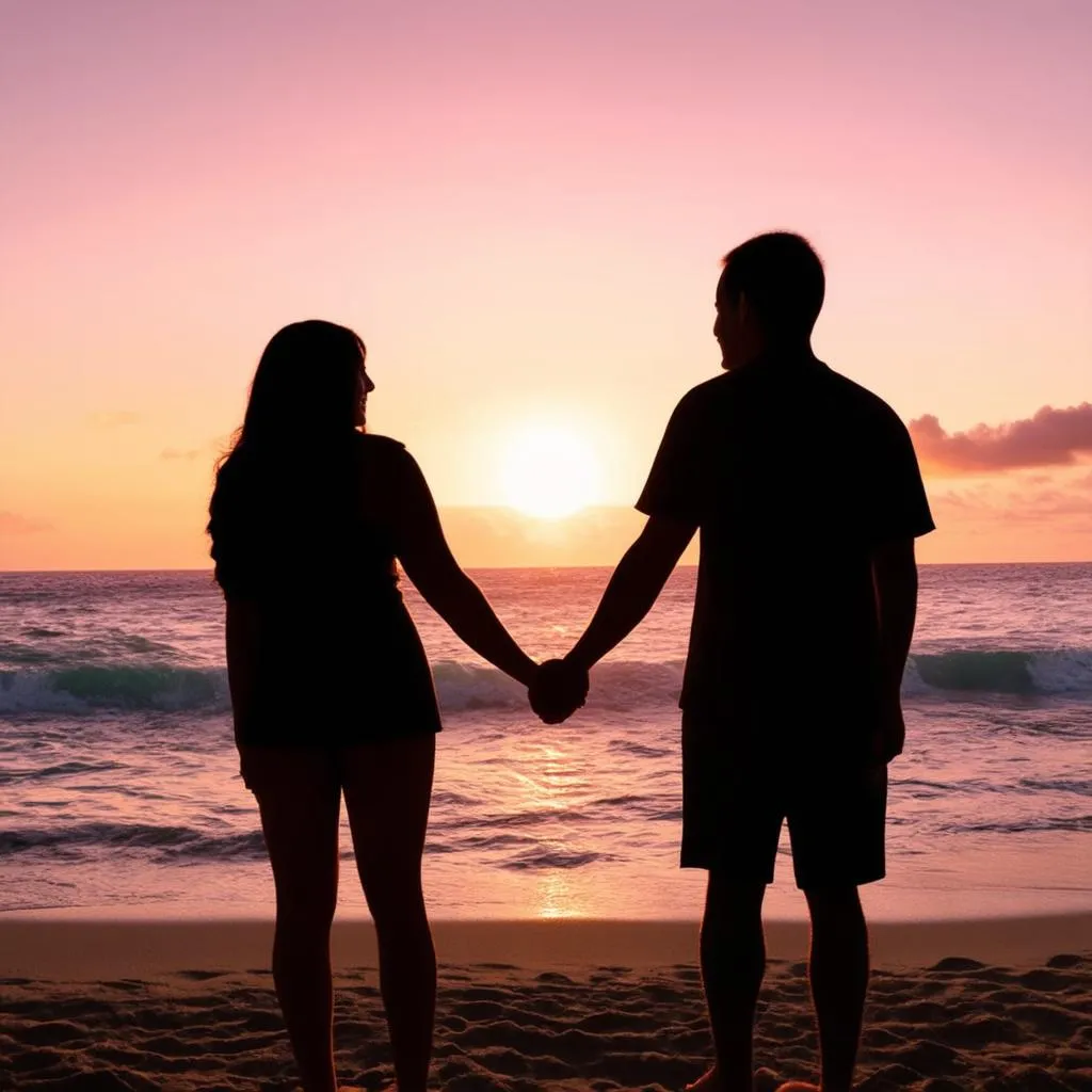 Couple watching sunset on beach in Hawaii