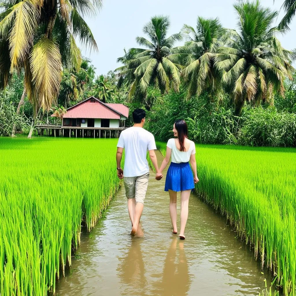 A couple walks hand in hand through vibrant green rice paddies, with a traditional Vietnamese house on stilts in the background.