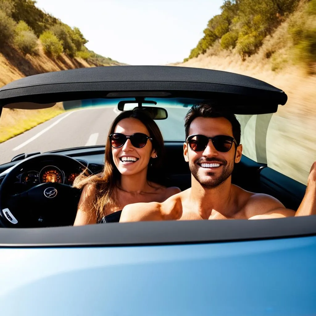 Couple enjoying a convertible ride