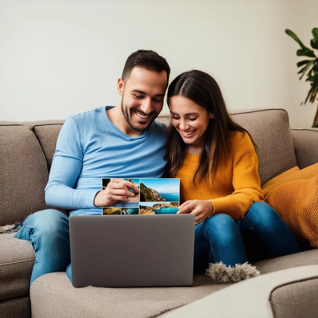 Couple planning a trip using a laptop