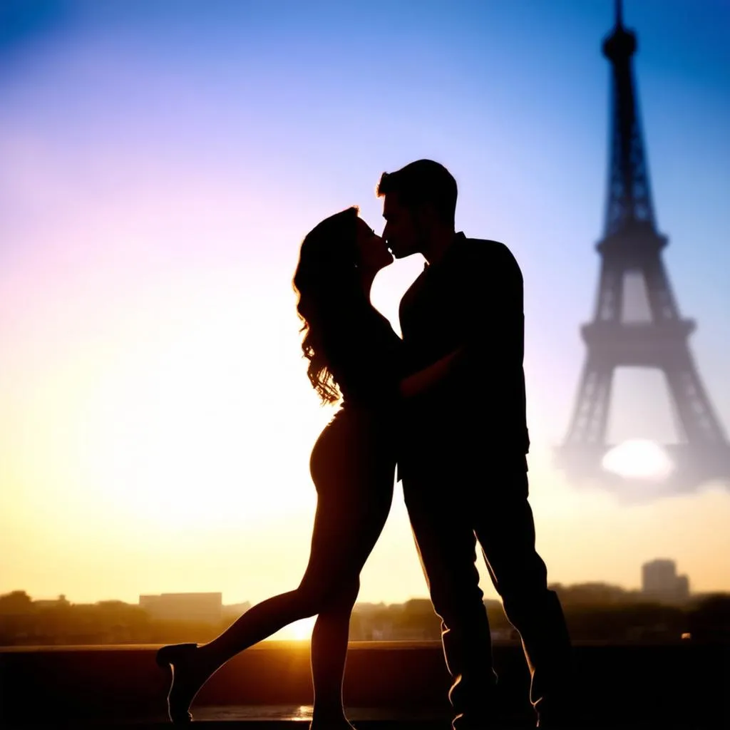 Romantic couple kissing with Eiffel Tower in background