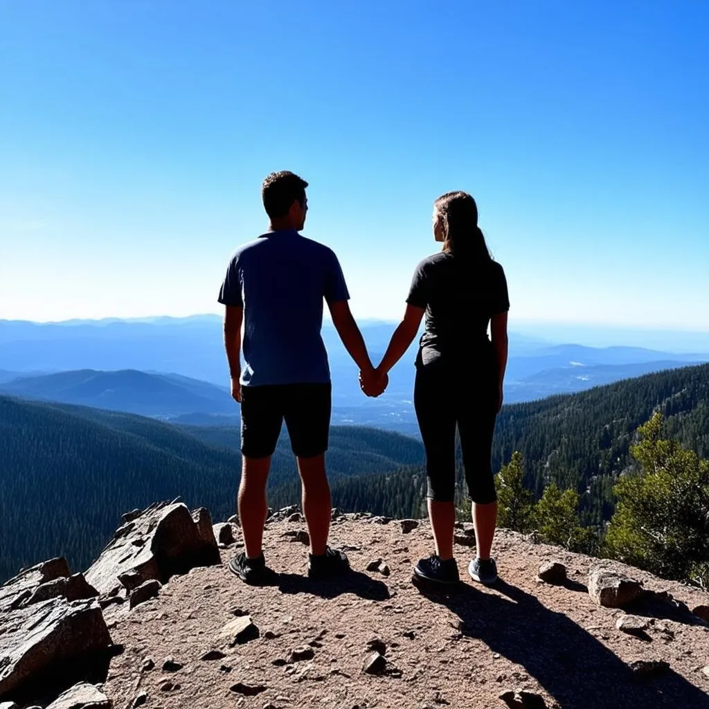 Couple holding hands on a mountain summit