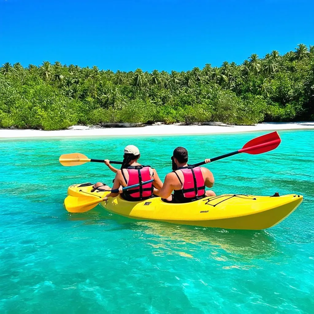 Couple kayaking in crystal clear turquoise water