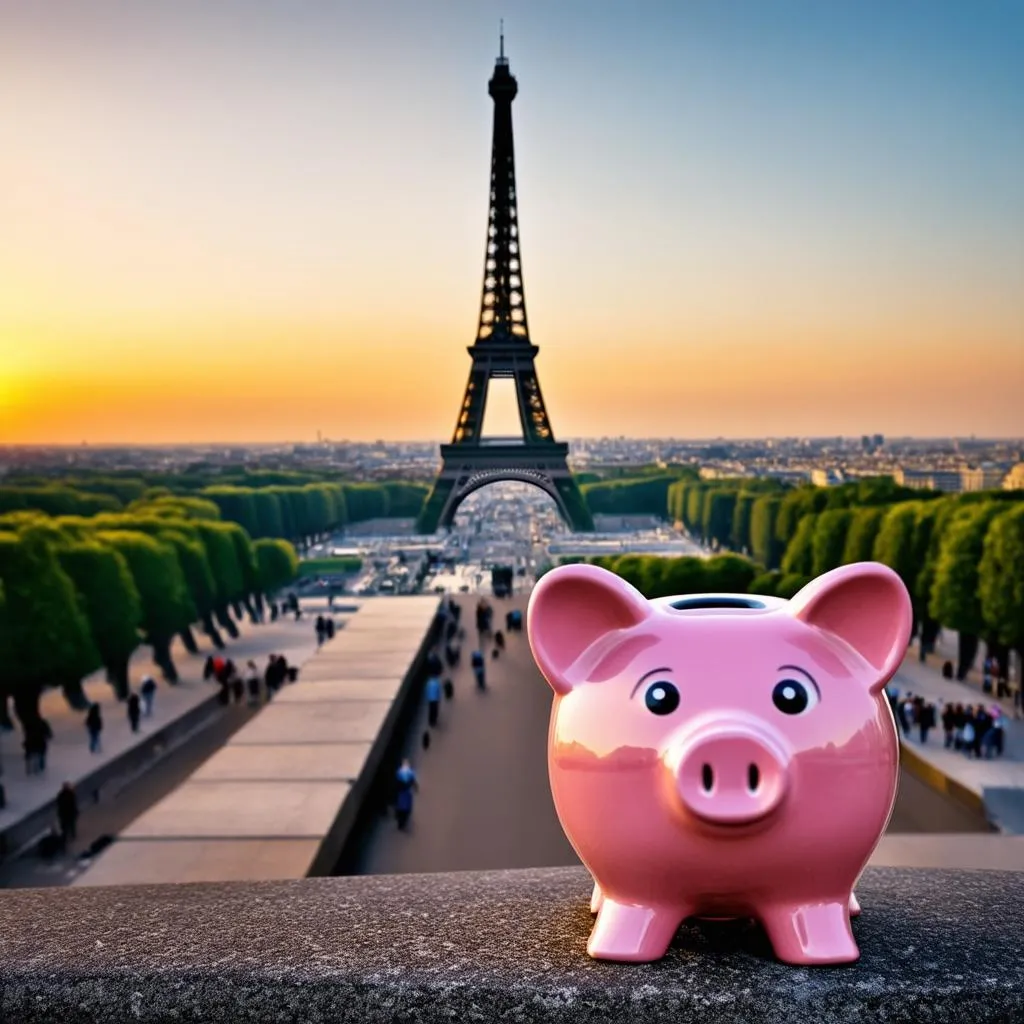 Eiffel Tower with a piggy bank in the foreground