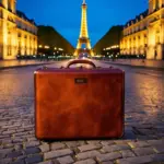 Suitcase in front of the Eiffel Tower