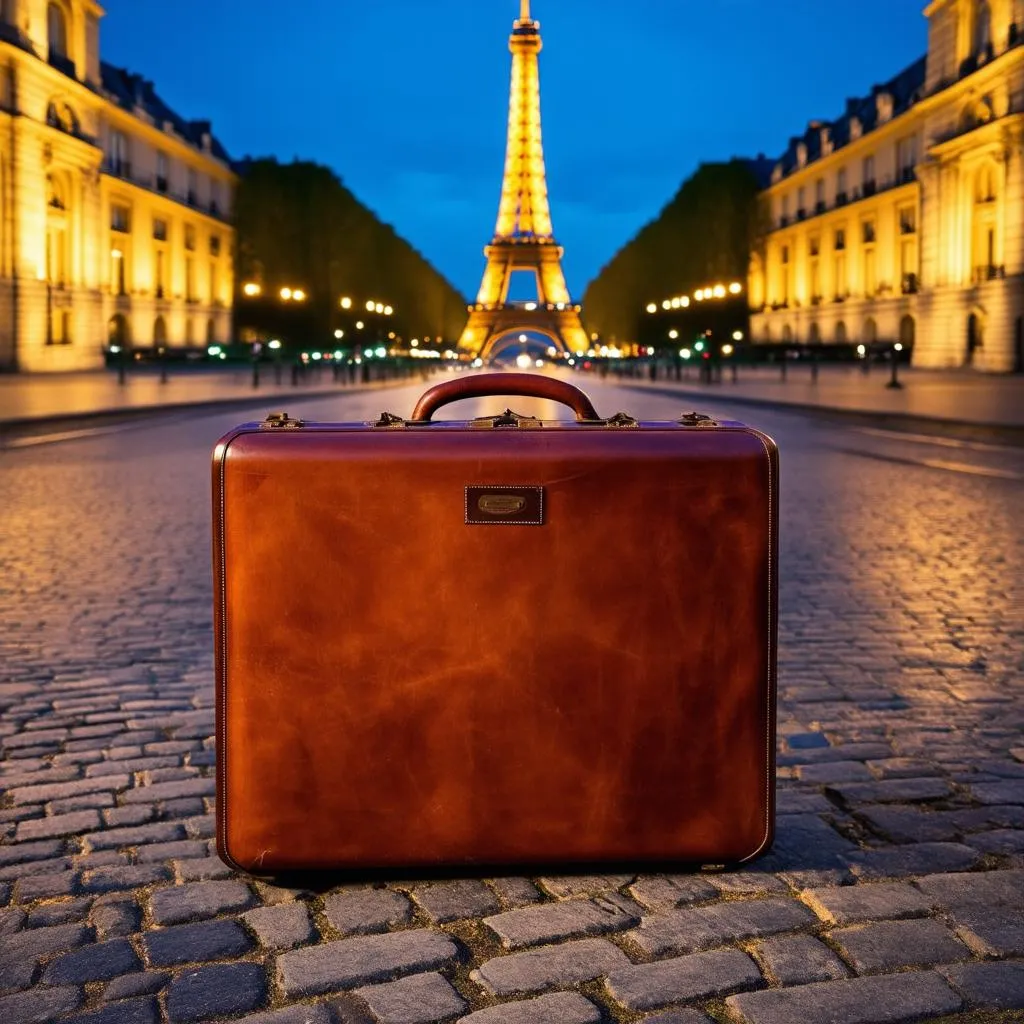 Suitcase in front of the Eiffel Tower