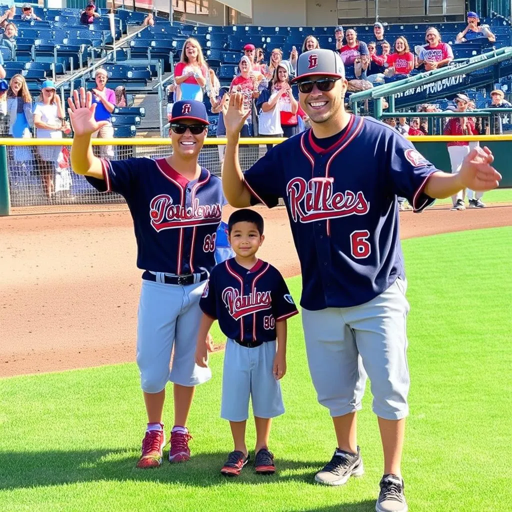 A family, with parents and two young children, are cheering at a baseball game