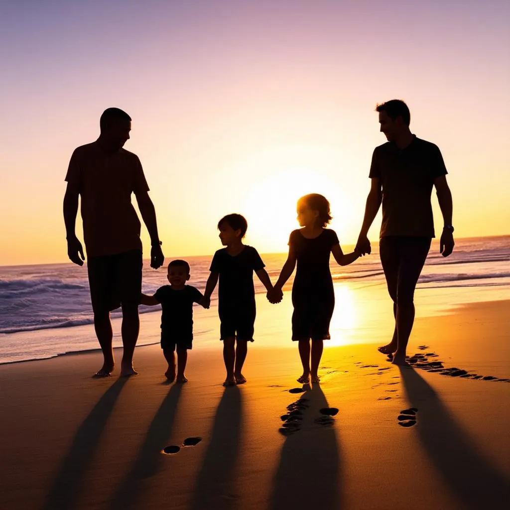 Family beach vacation at sunset