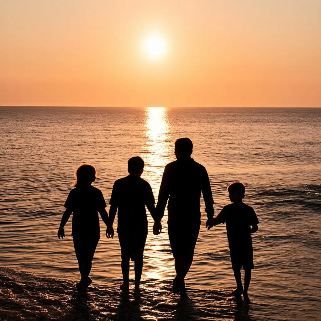 A family walking hand-in-hand on the beach at sunset 