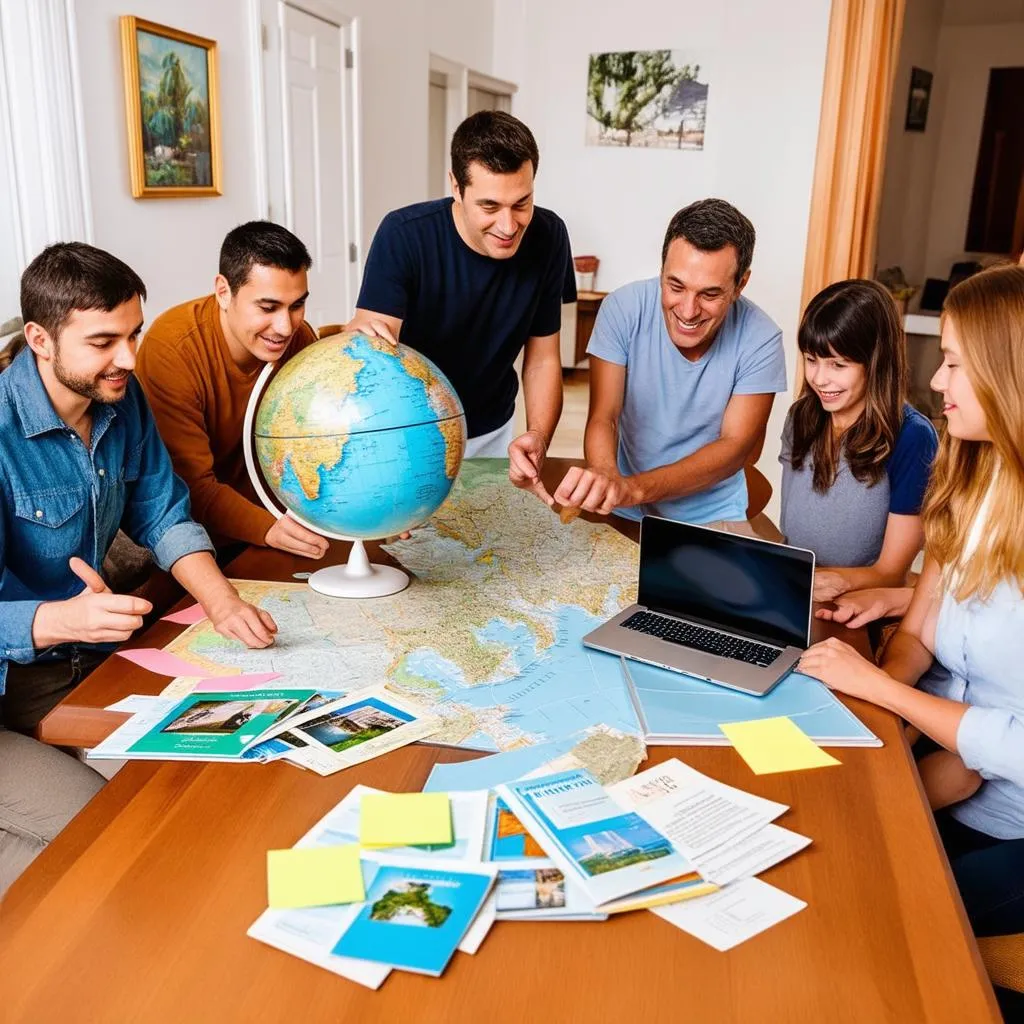 Family gathered around a table with maps and a globe, planning a trip