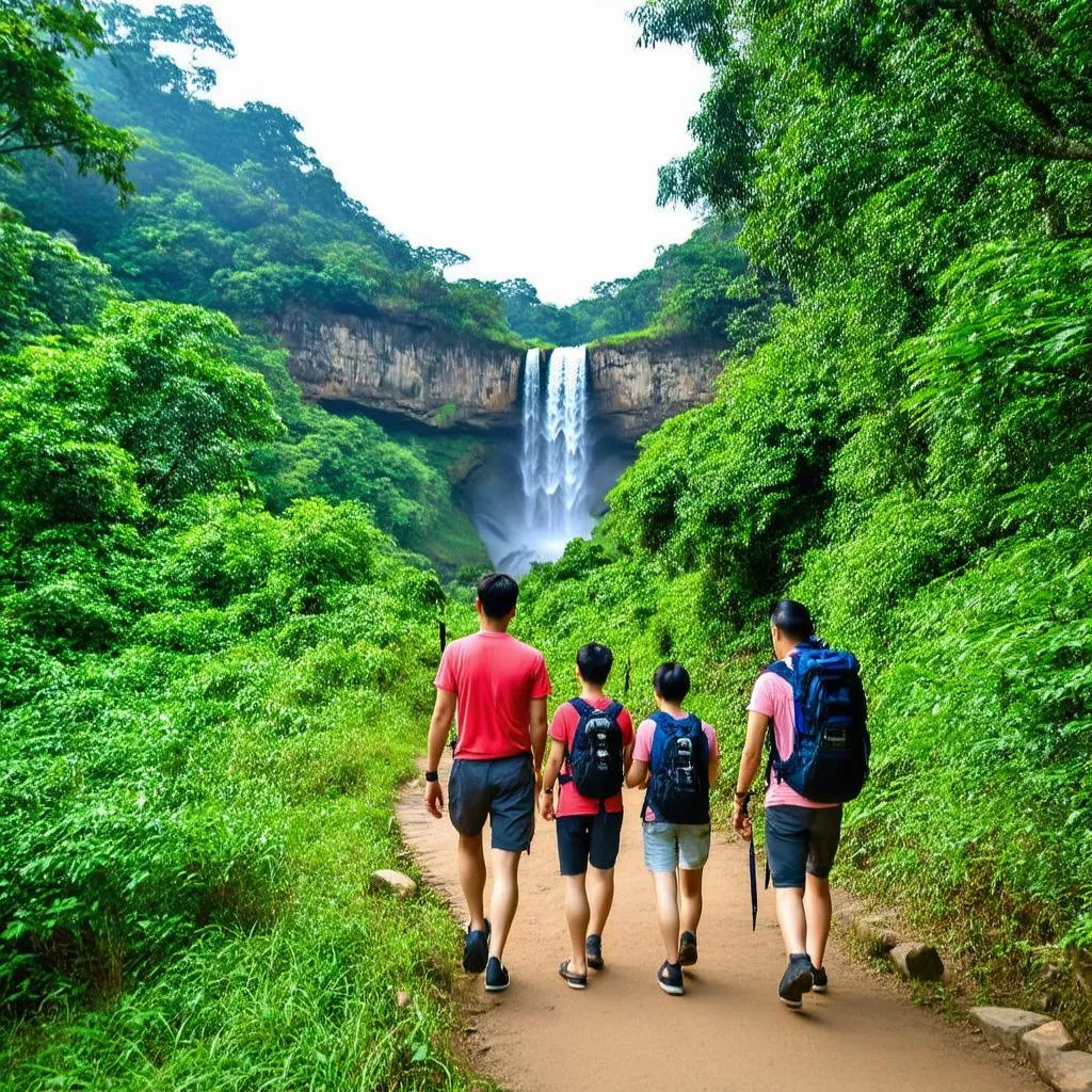 Family hiking to Thac Da Waterfall