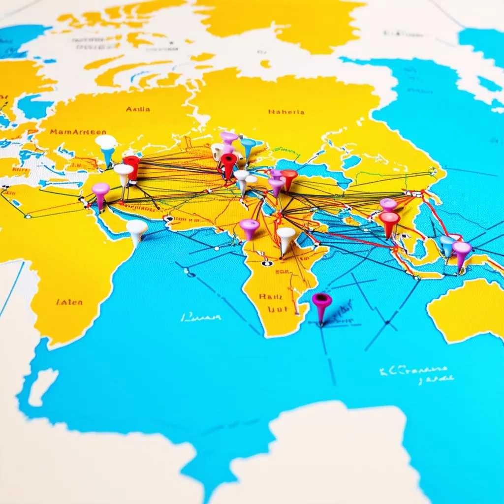 World map with pins marking destinations