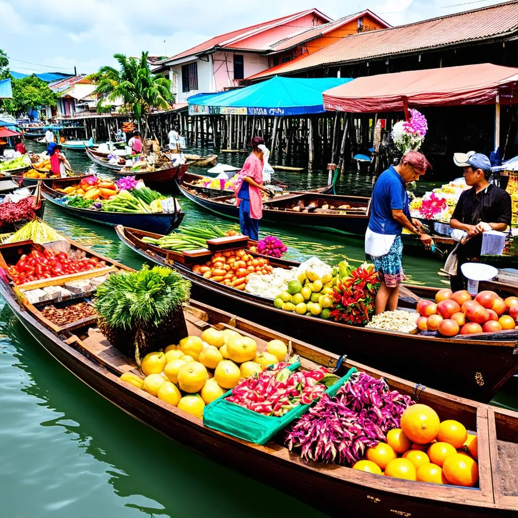 A bustling floating market in Thailand with colorful boats laden with fruits, vegetables, and flowers