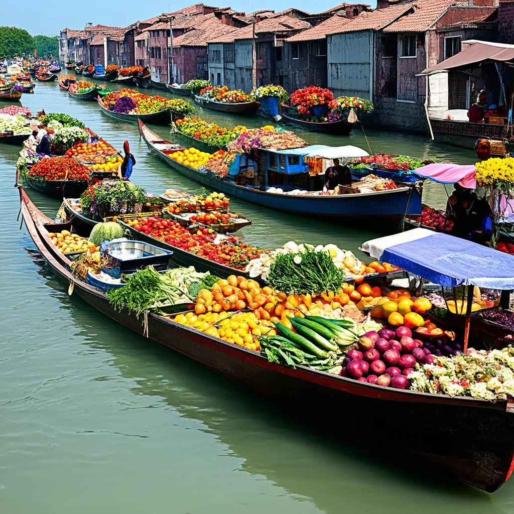 A bustling floating market in Thailand