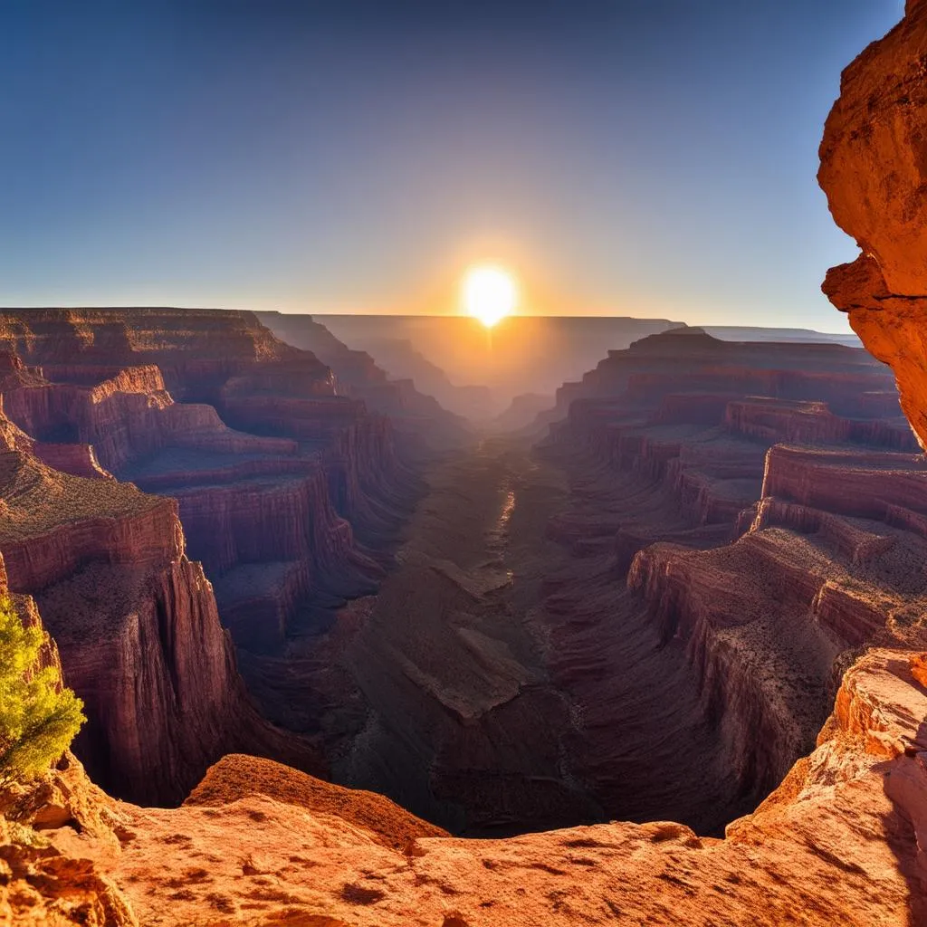 A breathtaking sunset over the vast Grand Canyon, with layers of colorful rock formations.