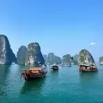 Spectacular view of Halong Bay with tourist boats.