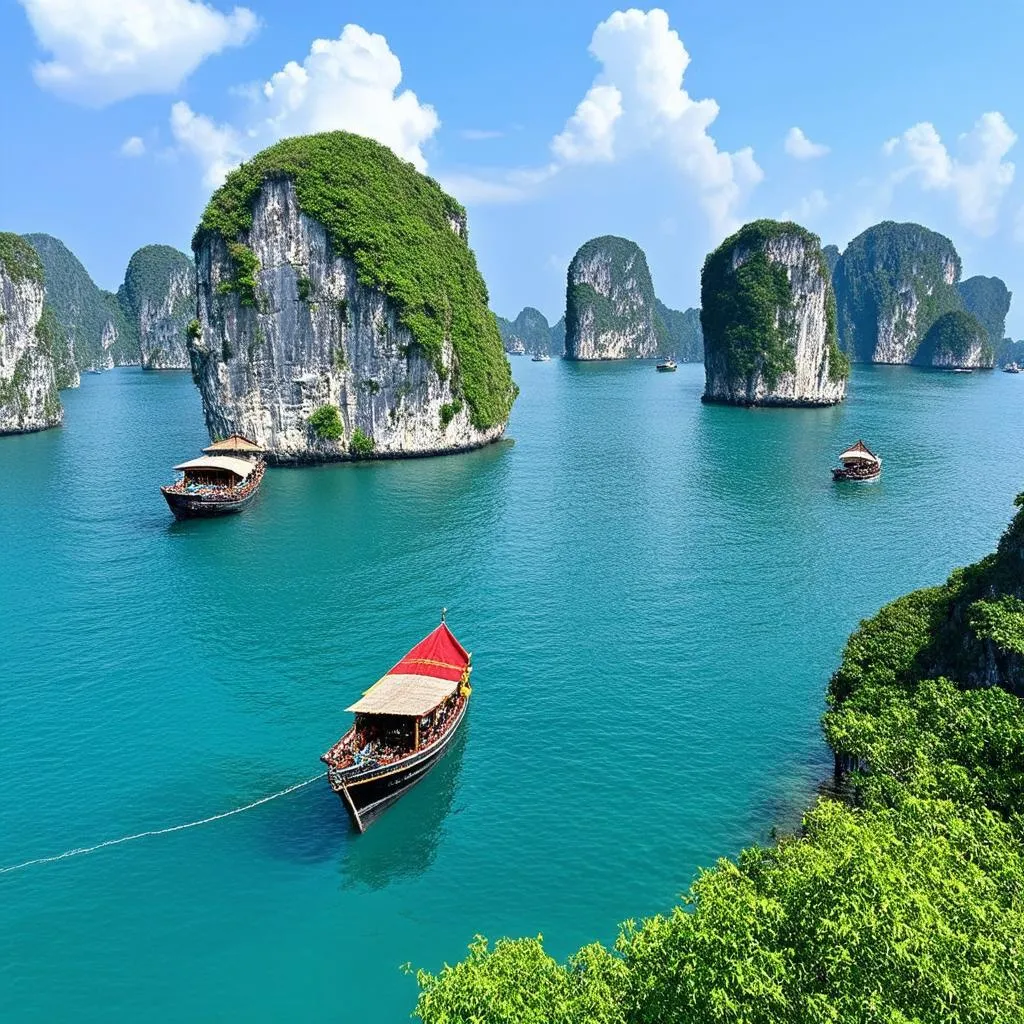 Panoramic view of Ha Long Bay with limestone islands