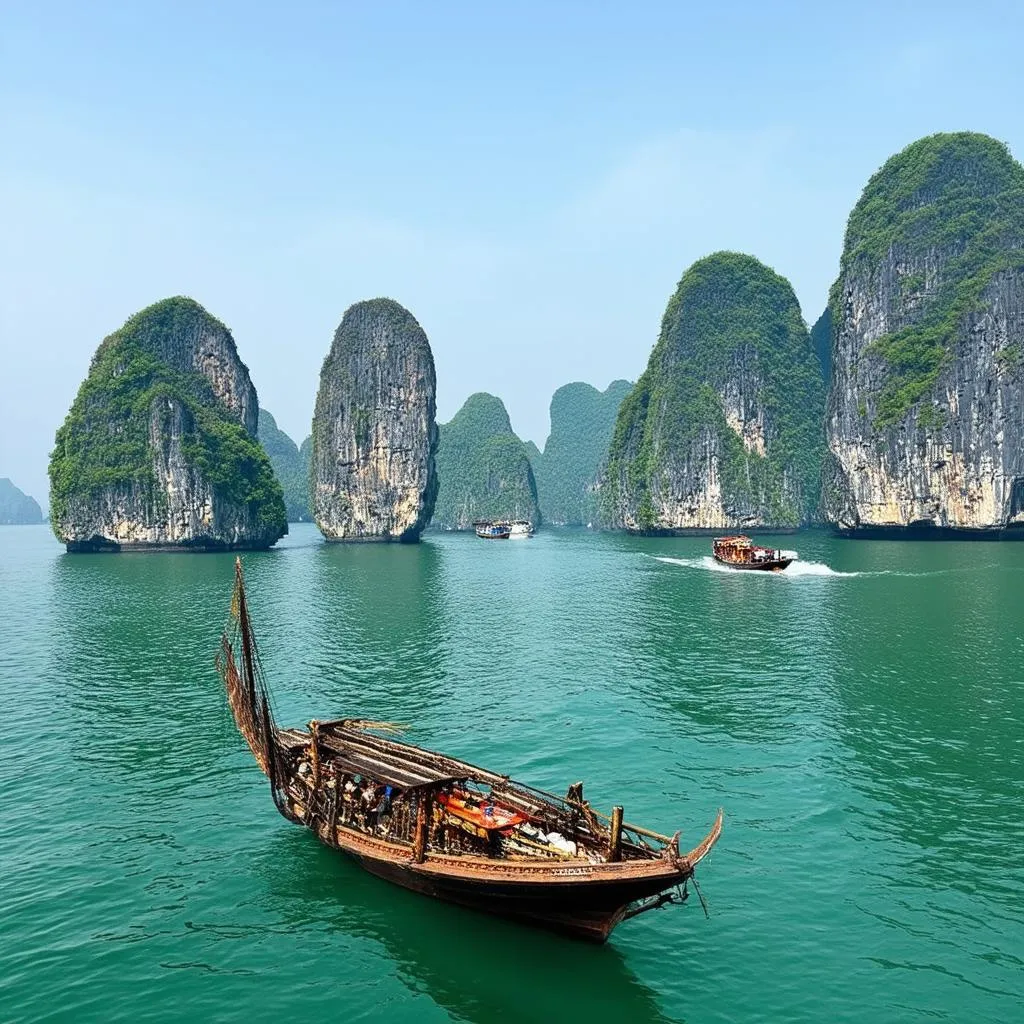 Halong Bay with traditional Vietnamese boats