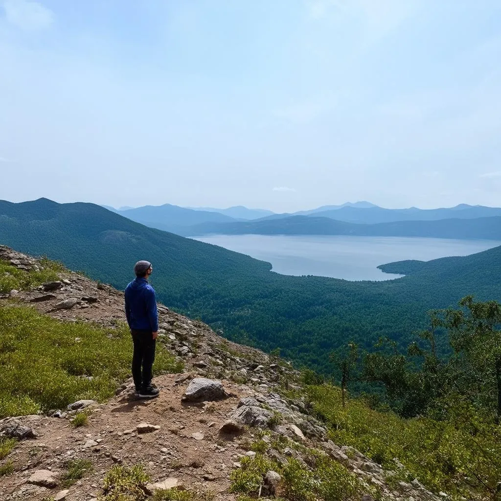 A traveler looking at a scenic view