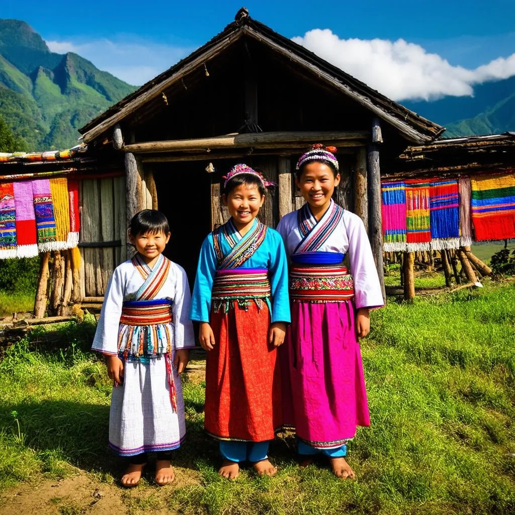 Family gathered in front of their homestay