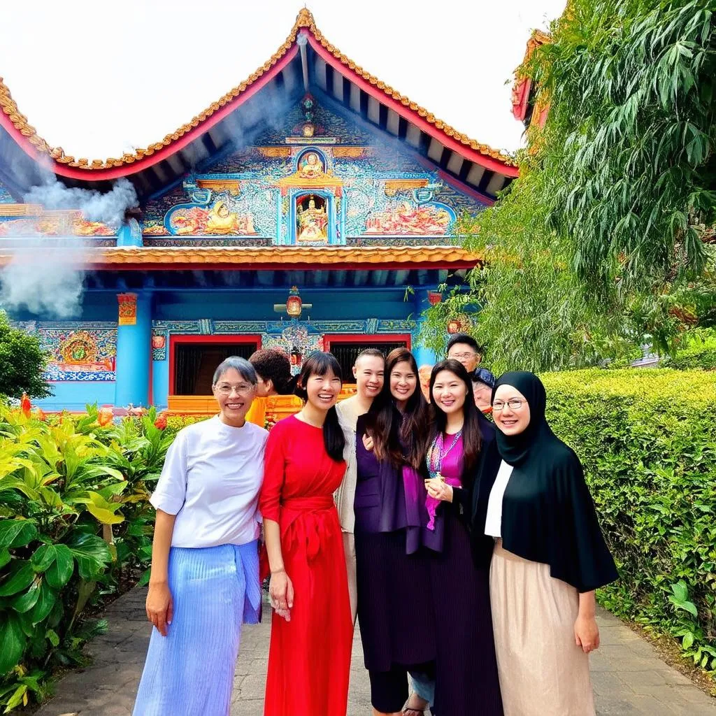 Vietnamese tourists outside a vibrant temple