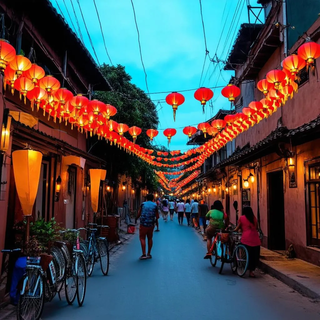 A street in Hoi An adorned with lanterns