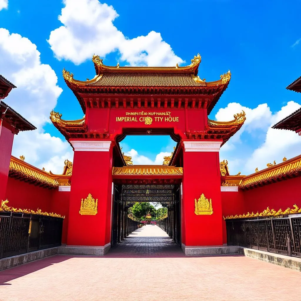 Majestic entrance gate to the Imperial City in Hue, Vietnam with blue sky and clouds.