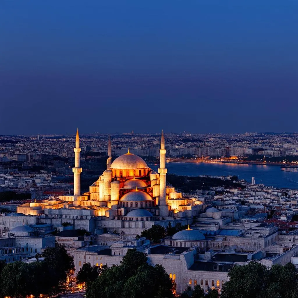 Istanbul at night with landmarks