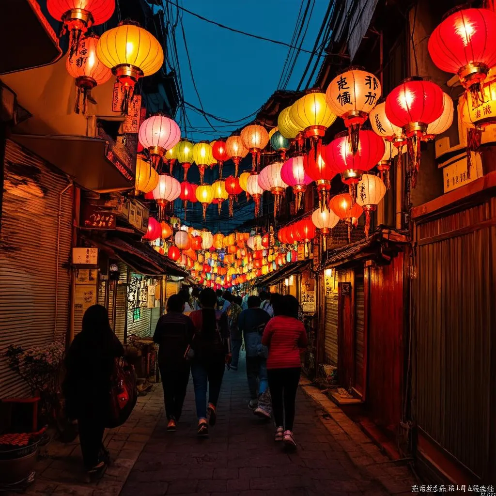 Colorful lanterns illuminate the narrow streets of Jiufen Old Street at night