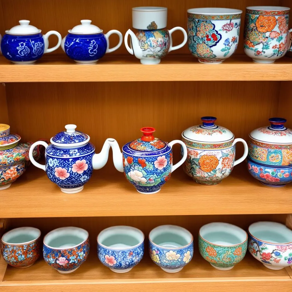 Traditional Korean teacups and teapot displayed on a shelf