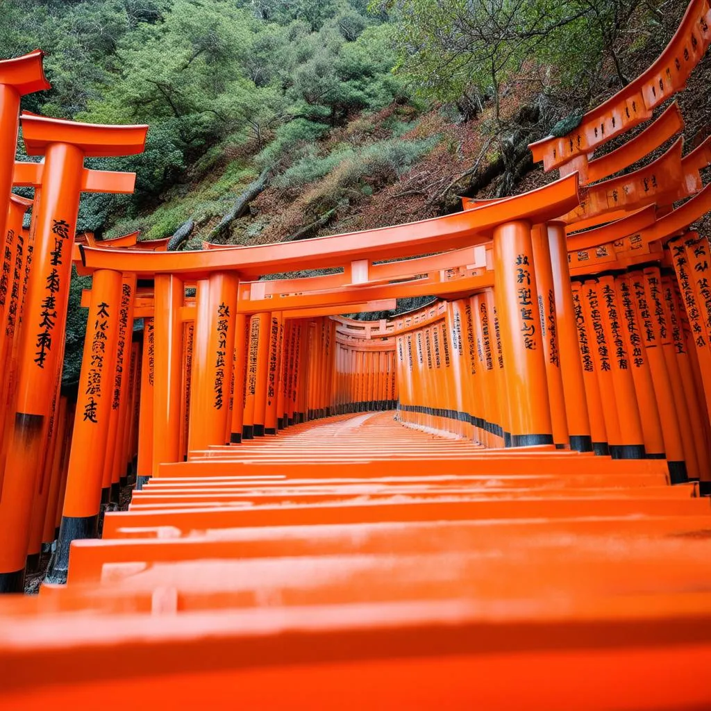 A woman in a kimono walking through Fushimi Inari Shrine