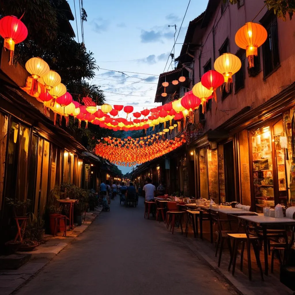 Lanterns strung across street