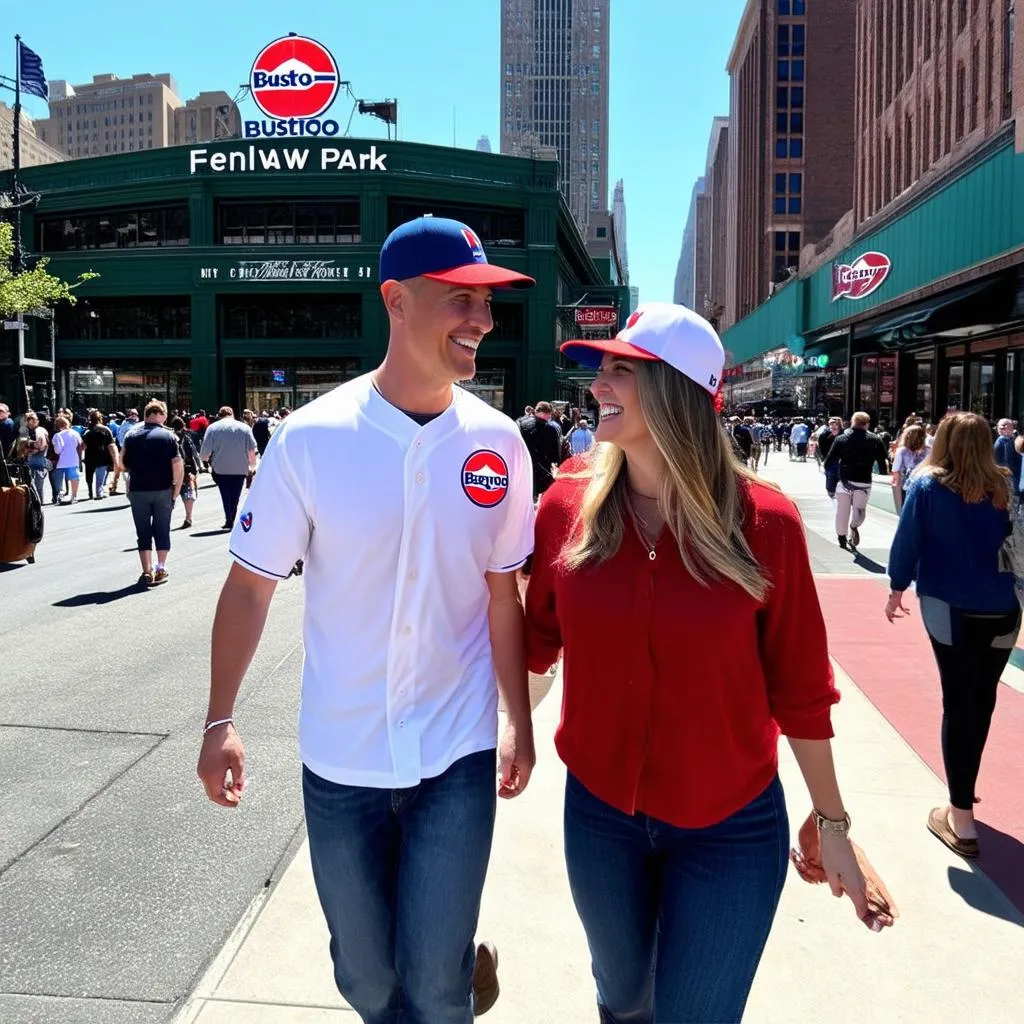 A couple holding hands, walking outside Fenway Park in Boston