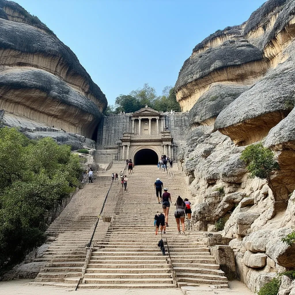 Panoramic view of Marble Mountains with temples and greenery