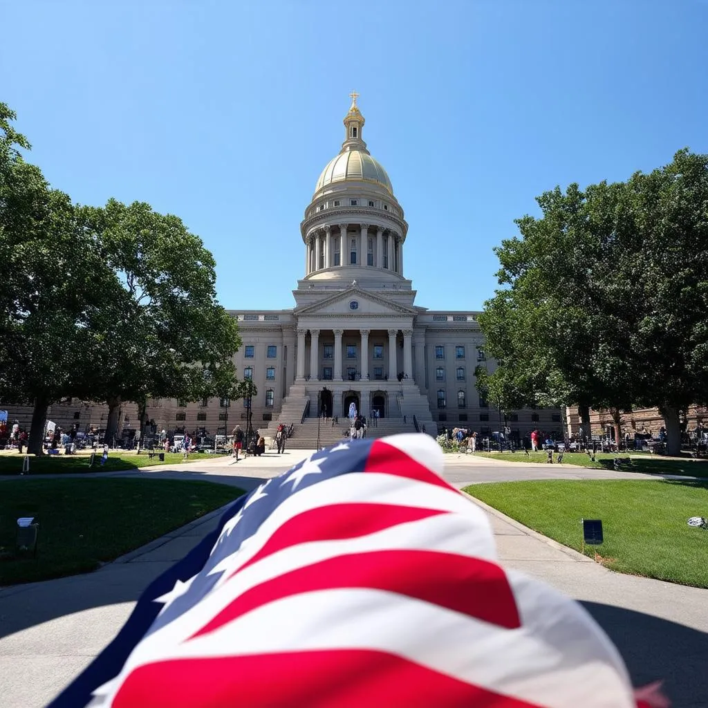 Massachusetts State House with American flag