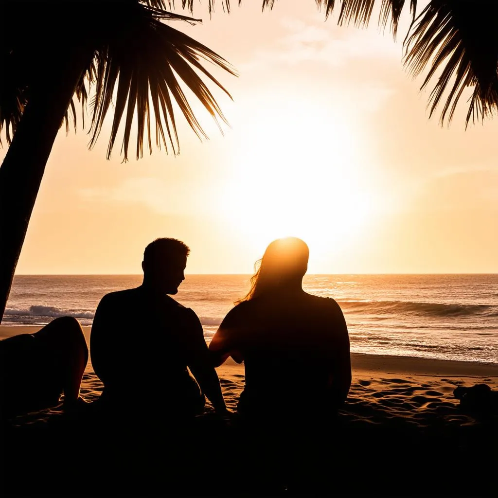 Couple watching the sunset on the beach in Maui